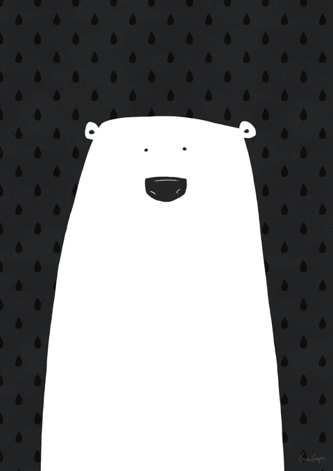 A polar bear as one white shape on black, with only its eyes and nose drawn in.