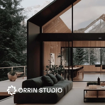 A cover of "Orrin Studio" cluster. The owner is eertmoed.studio. The cluster description is "Brand identity & logo design for an architect concept". The cluster consists of 16 elements.