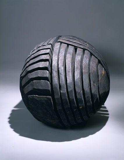 David Nash's sculpture Black Sphere, 1994, created from charred oak. Photo by William Nettles.