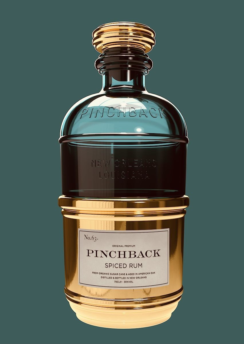 Bottle design for Original Pinchback Spiced Rum, distilled and bottled in New Orleans.