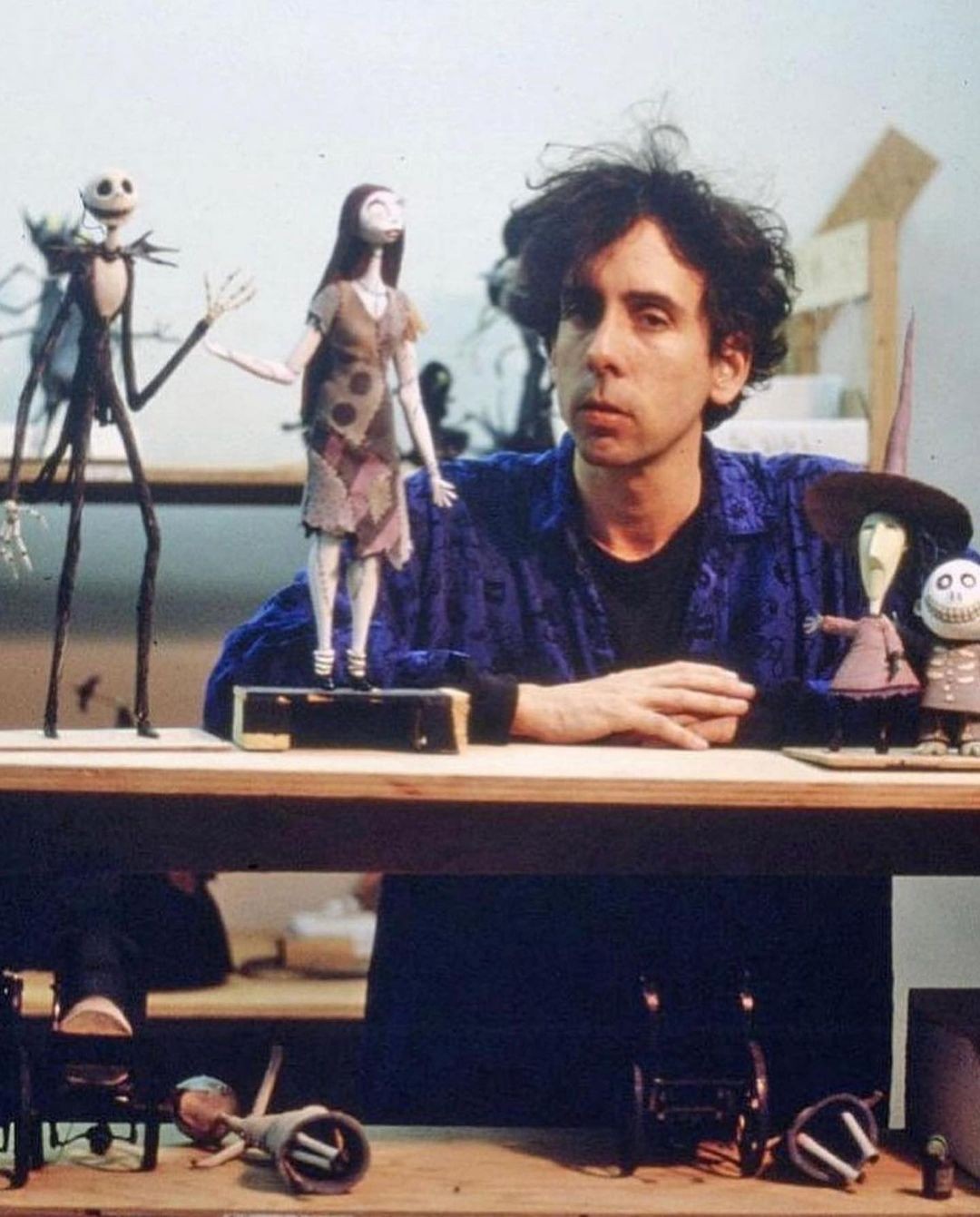 Filmmaker Tim Burton with puppets for The Nightmare Before Christmas (1993).