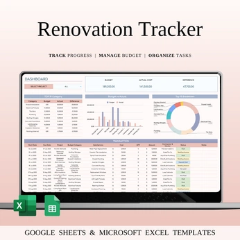 A cover of "Renovation Tracker" cluster. The owner is spreadsheetshub. The cluster description is "Home Renovation Budget & Timeline Tracker Spreadsheet". The cluster consists of 1 element.