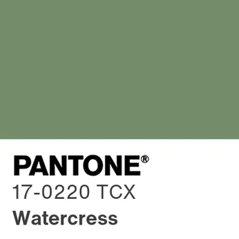 A cover of "Pantone, Watercress" cluster. The owner is sarahlindsay. The cluster description is "PANTONE 17-0220 Watercress / #748C69 - References for Inspiration". The cluster consists of 73 elements.