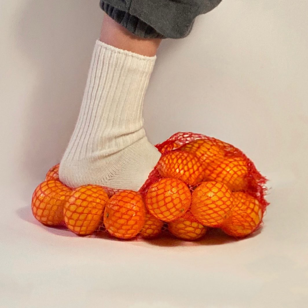 Orange Shuice (2020), a conceptual shoe by designer Nicole McLaughlin.