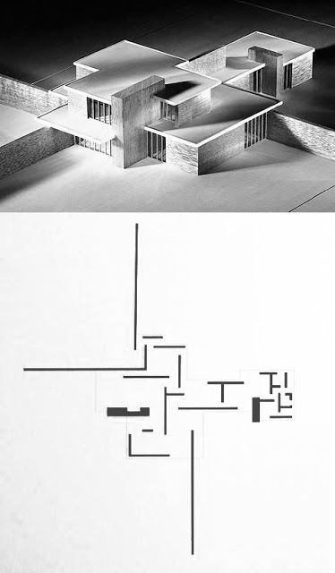 Model and plan for the unbuilt Brick Country House designed by Ludwig Mies van der Rohe in 1924.