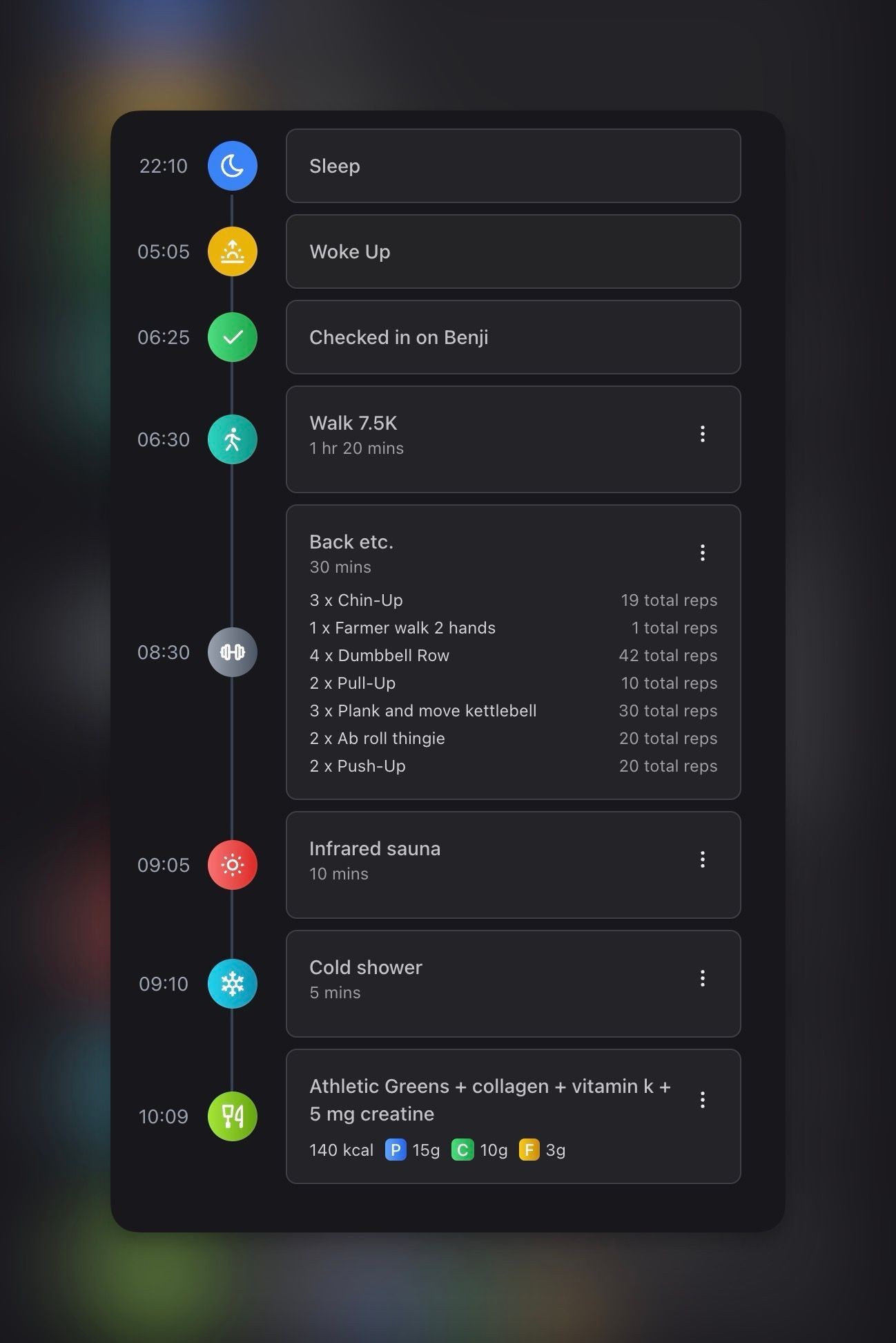 A user's daily log from the Benji habit tracking app, developed by Antti Havanko.