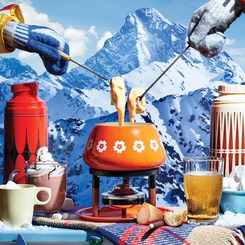 A cover of "⛷️ Après Ski" cluster. The owner is shadycohen. The cluster description is "Vintage fondue sets, boozy hot cocoa, knit sweaters, a crackling fire". The cluster consists of 26 elements.