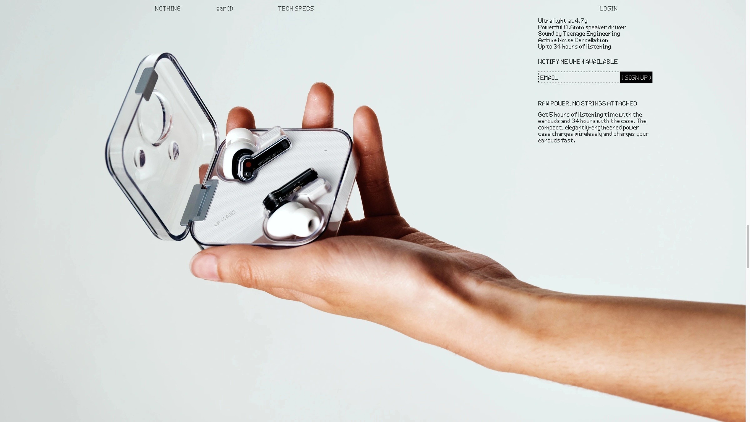Nothing's ear (1) wireless earbuds, with sound by Teenage Engineering.