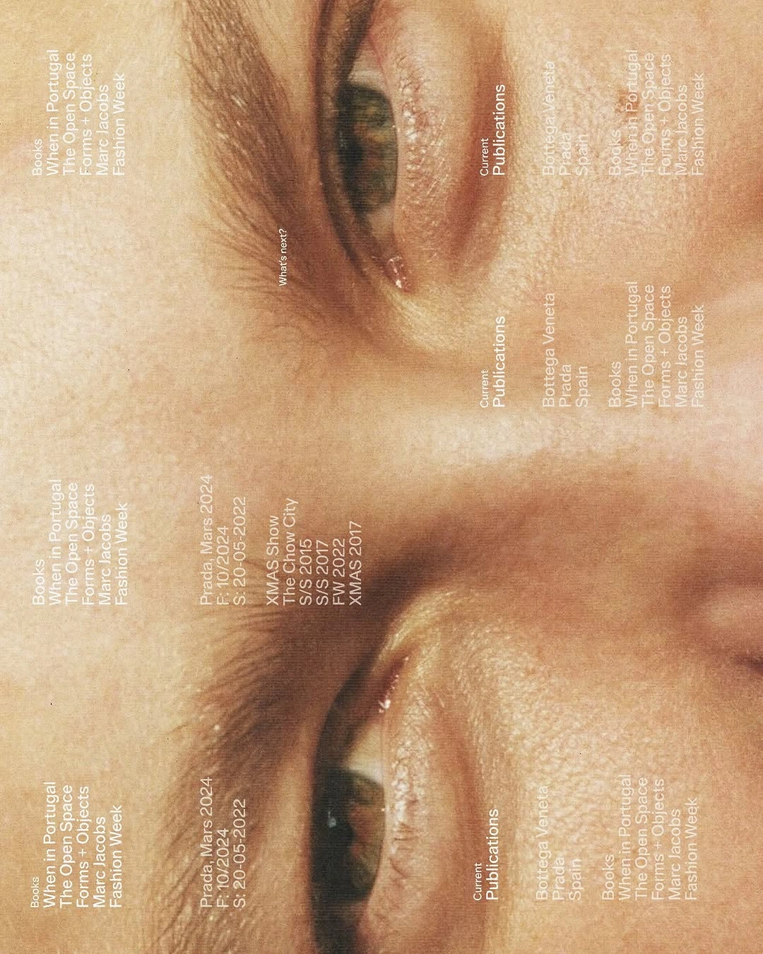 Close-up editorial or publication cover photograph showing extreme macro detail of human eyes and surrounding skin with warm, golden-brown tones.