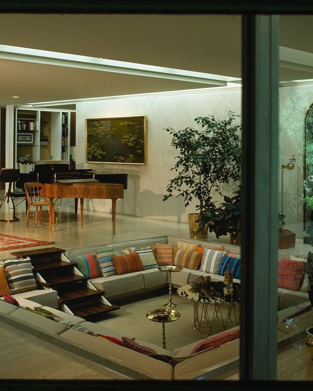 An Instagram  post added on Jan 25, 2024. The author is @phorin.collective. May present: sunken living room, miller house and garden ticket office, living room, mid-century modern, conversation pit.