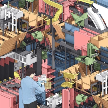 A cover of "ARCHI-llustrations" cluster. The owner is andonirzt. The cluster description is "pretty good illustrations from architectural projects". The cluster consists of 5 elements.