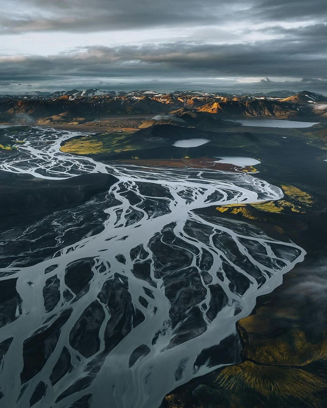 An aerial view of a braided river near Hekla Volcano in Iceland by Ronald Söthje.