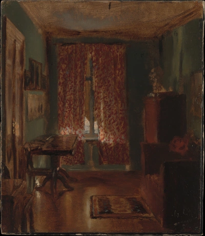 An image added by cosmos on Jul 11, 2024. May present: artist sitting room adolph menzel, the artist's sitting room in ritterstrasse, the metropolitan museum of art, painting, two men contemplating the moon.