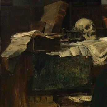 A cover of "🕯️ Darkademia" cluster. The owner is shadycohen. The cluster description is "Dusty candlelit books, ravens, gothic architecture, quills, parchment". The cluster consists of 46 elements.