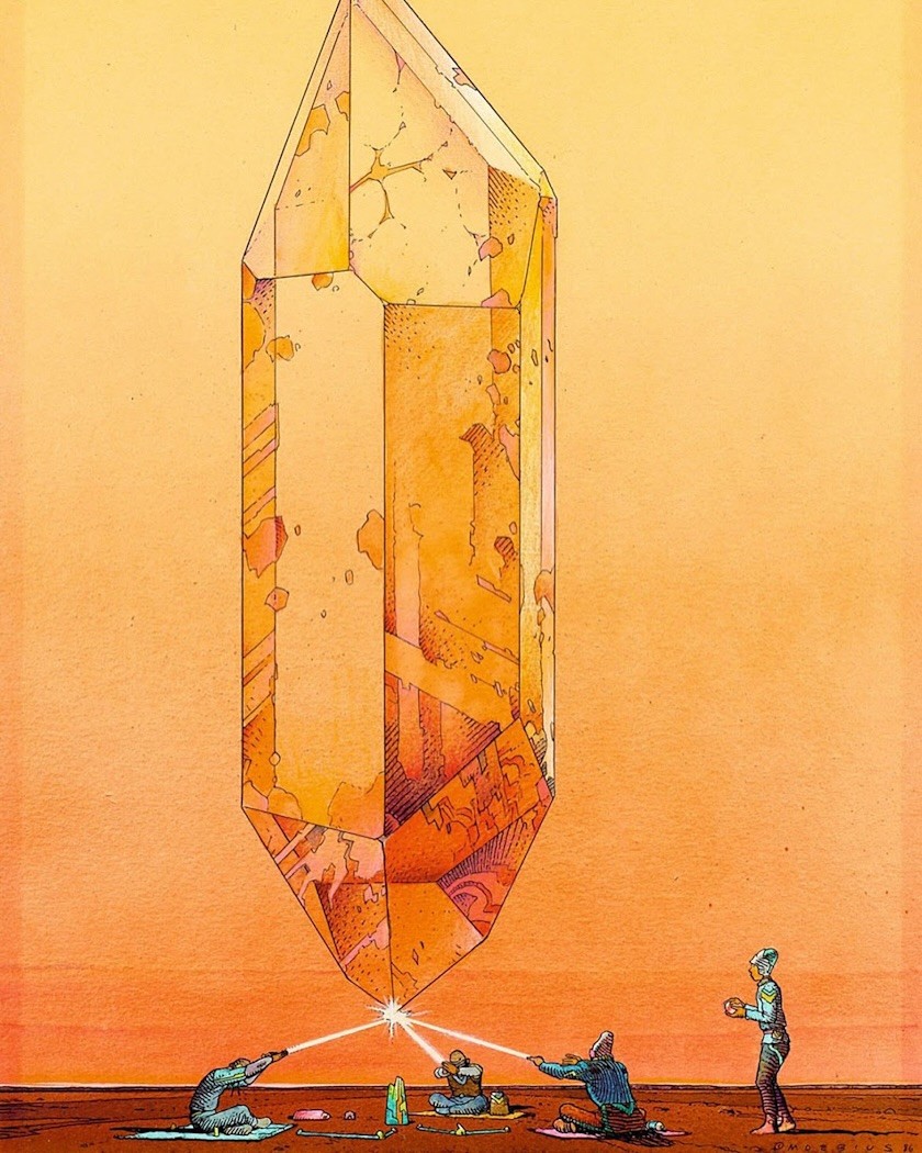 An Instagram  post added on Mar 03, 2025. The author is @retrowaviest. May present: jean giraud moebius crystal, moebius one, art, artist.