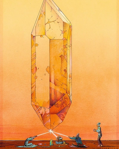 An Instagram  post added on Mar 03, 2025. The author is @retrowaviest. May present: jean giraud moebius crystal, moebius one, art, artist.