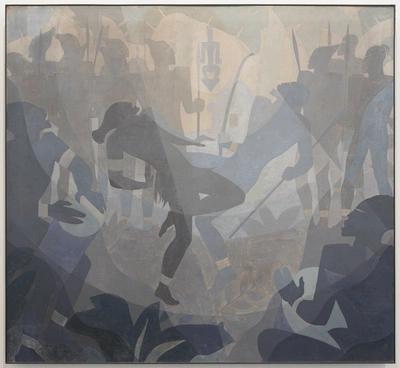 An image added by cosmos on Jul 09, 2024. May present: aaron douglas's art style, aspects of negro life: the negro in an african setting, painting, art, modern art.