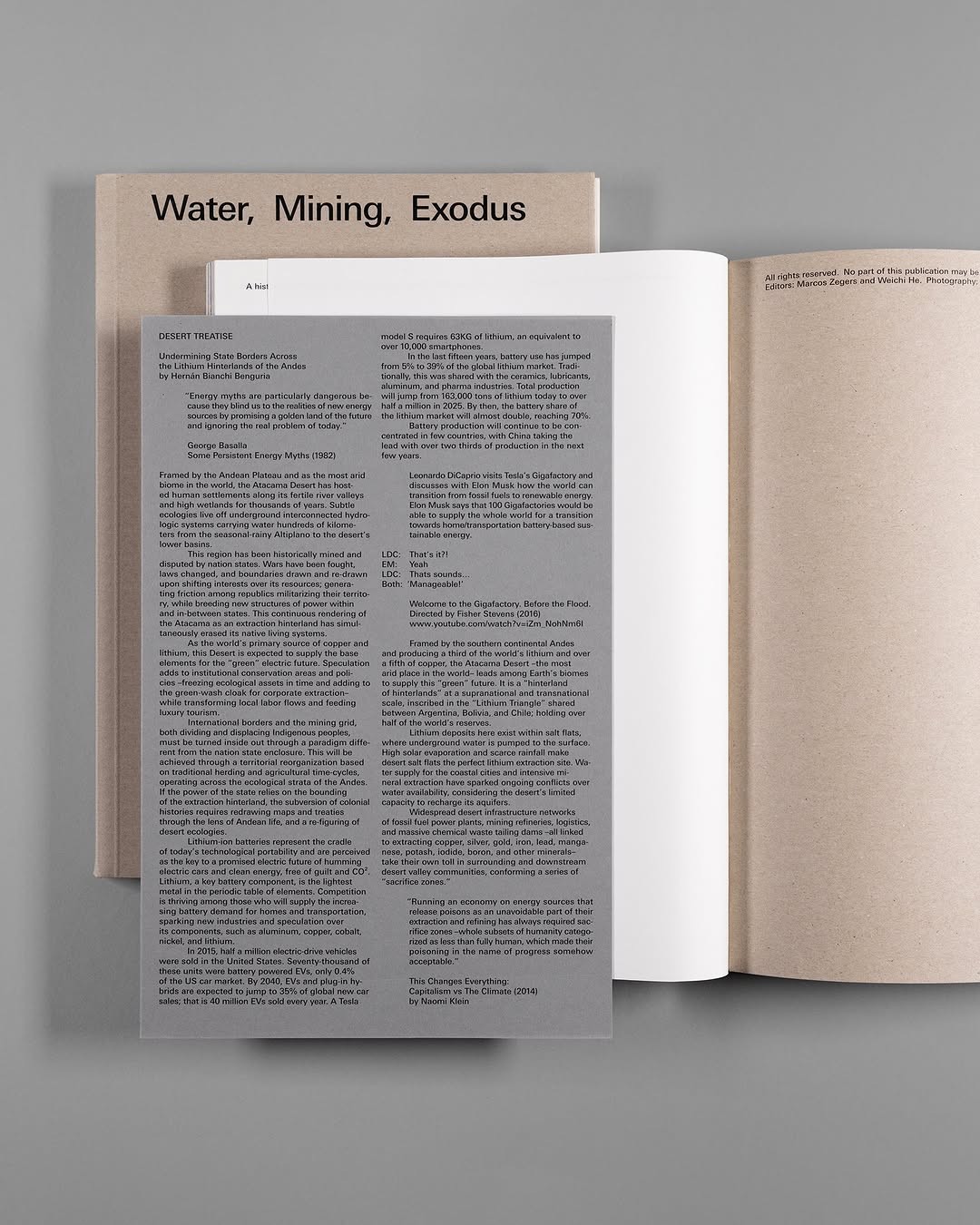 The photobook Water, Mining, Exodus was designed by Weichi He with photography by Marcos Zegers.