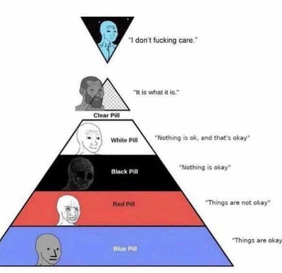An image uploaded by vladoustinov on Nov 02, 2024. May present: pill pyramid meme, red pill and blue pill, meme, wojak, funny meme.