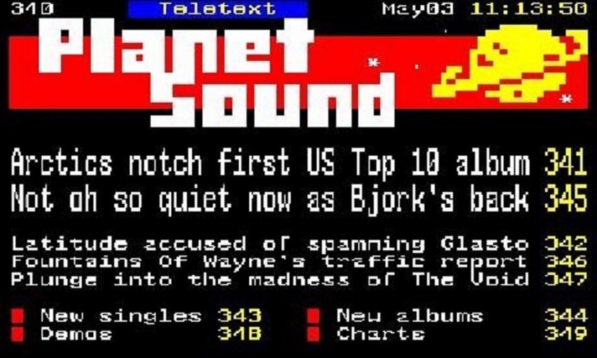 A Planet Sound teletext page from May 3, 2003, with headlines about Arctic Monkeys and Björk.