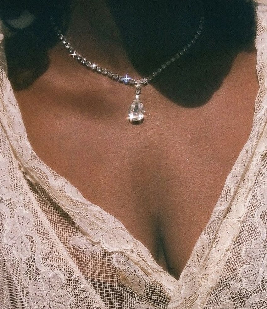 An Instagram  post added by zaynebc on Mar 16, 2024. The author is @riqaarchive. May present: necklace, outerwear, neck, sleeve, collar.