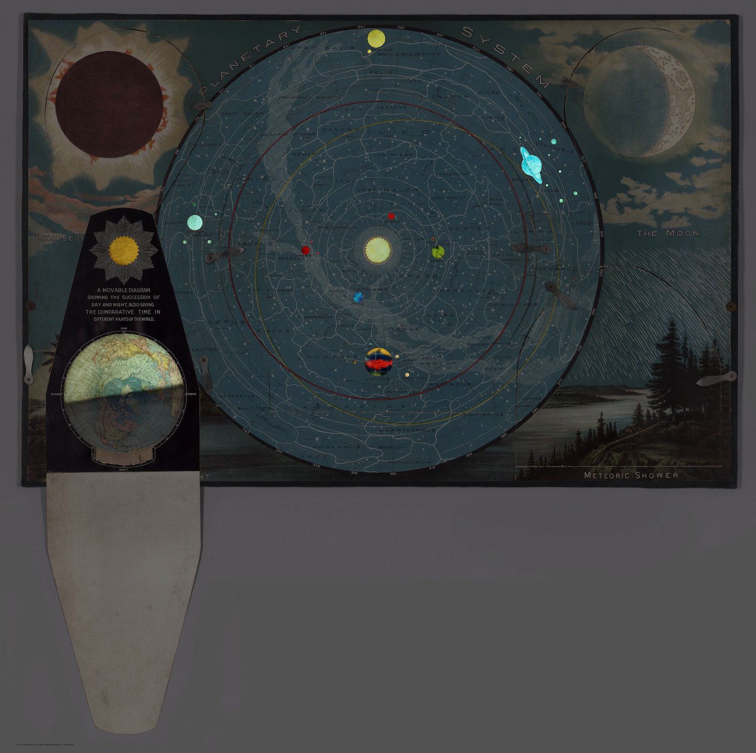 Planetary System chart, with five opening flaps, depicting Eclipse of the Sun, The Moon, The Zodiacal Light, and Meteoric Shower, from Yaggy's Geographical Study, 1887. Here The Zodiacal Light flap is open, revealing The Succession of Day and Night and The Comparative Time in Different Parts of the World. The backlighting mimics the reach of daylight on Earth