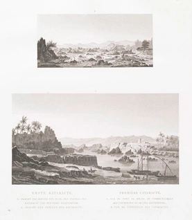 Erste Kataracte. A. Ansicht des Hafens von Suan, des Anfangs der Kataracte und der Insel Elephantine; B. Ansicht des inneren der Kataracte.
