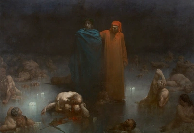 An image added by cosmos on Jul 11, 2024. May present: dante and virgil in the ninth circle, dante and virgil in the ninth circle of hell, gustave doré, dante and virgil, inferno.