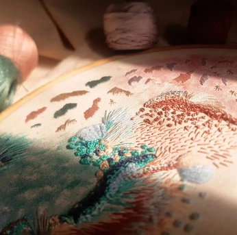 A cover of "my work - Embroidery" cluster. The owner is slowxstitch. The cluster description is "abstract embroidery | watercolor | slow stitch | cross stitch". The cluster consists of 24 elements.