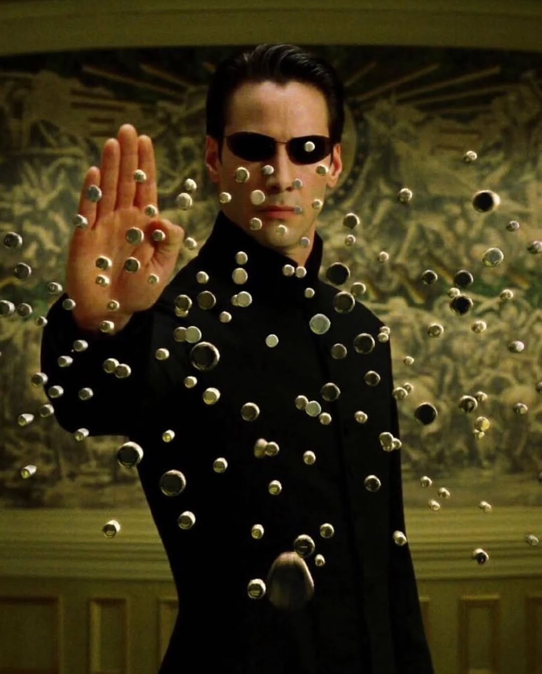 Keanu Reeves as Neo in The Matrix Reloaded (2003), directed by Lana Wachowski and Lilly Wachowski.