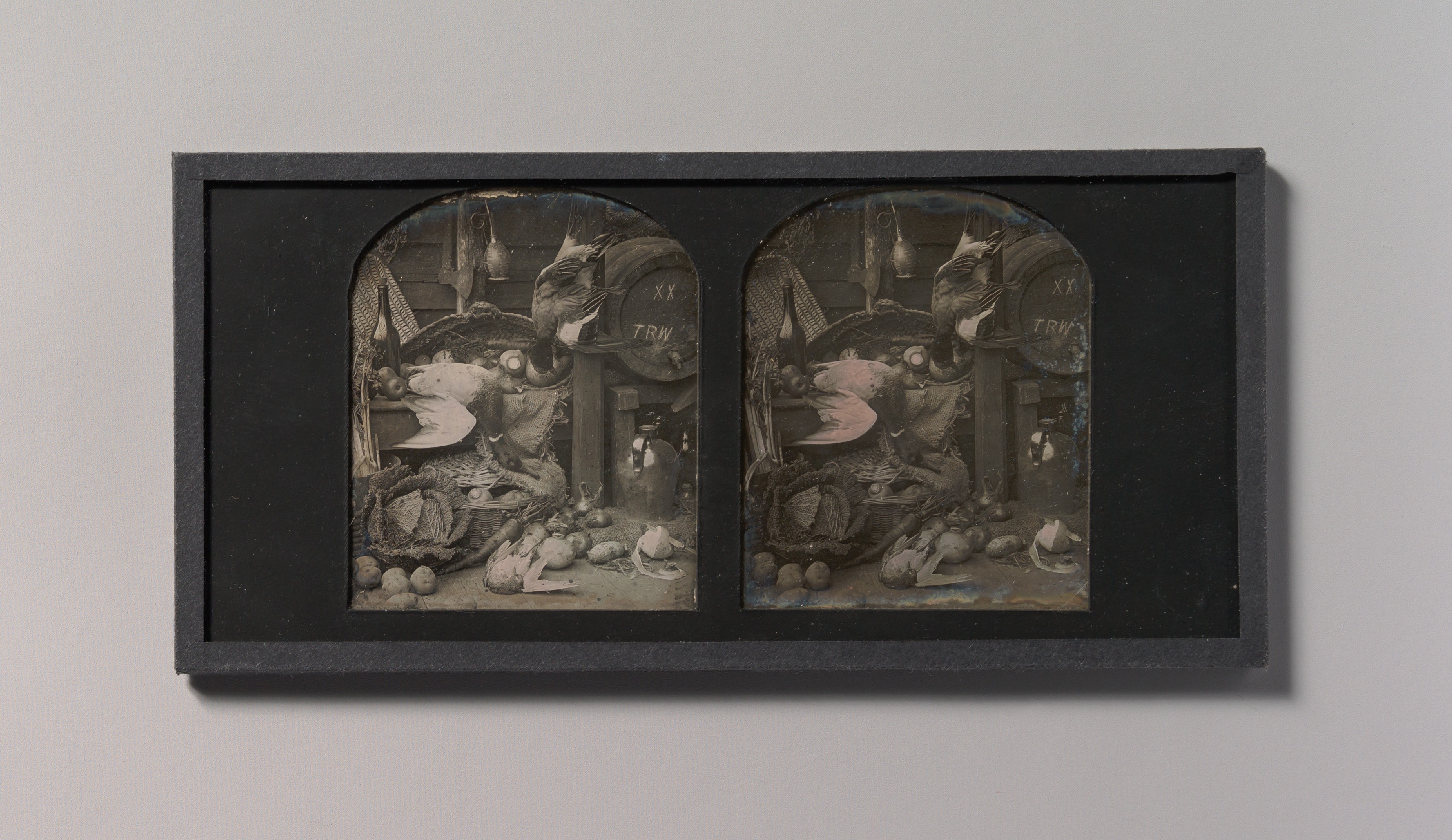 [Stereograph Still-life of Fowl with Initialed Barrel and Root Vegetables]