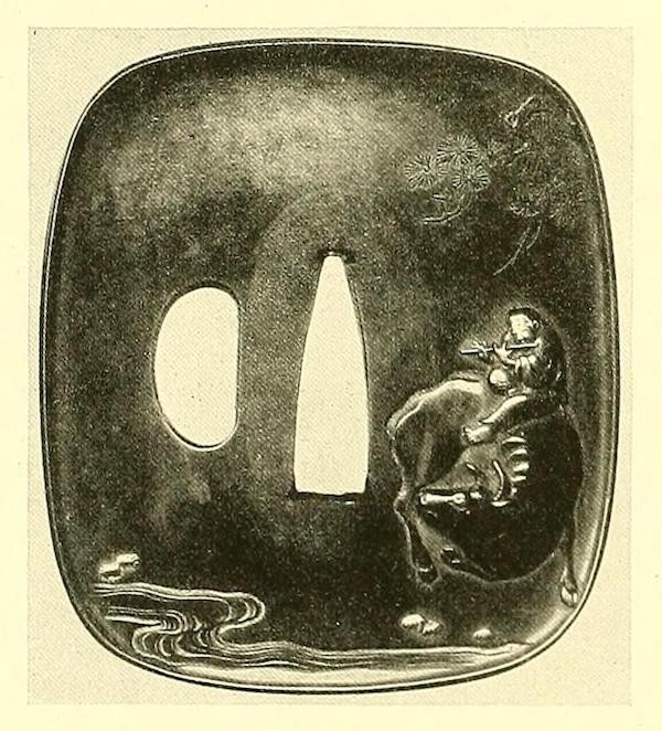 Tsuba made from shibuichi. In a high relief of shakudu014d, gold, and silver, boy riding bull and playing the flute; carved pine and meadow stream.