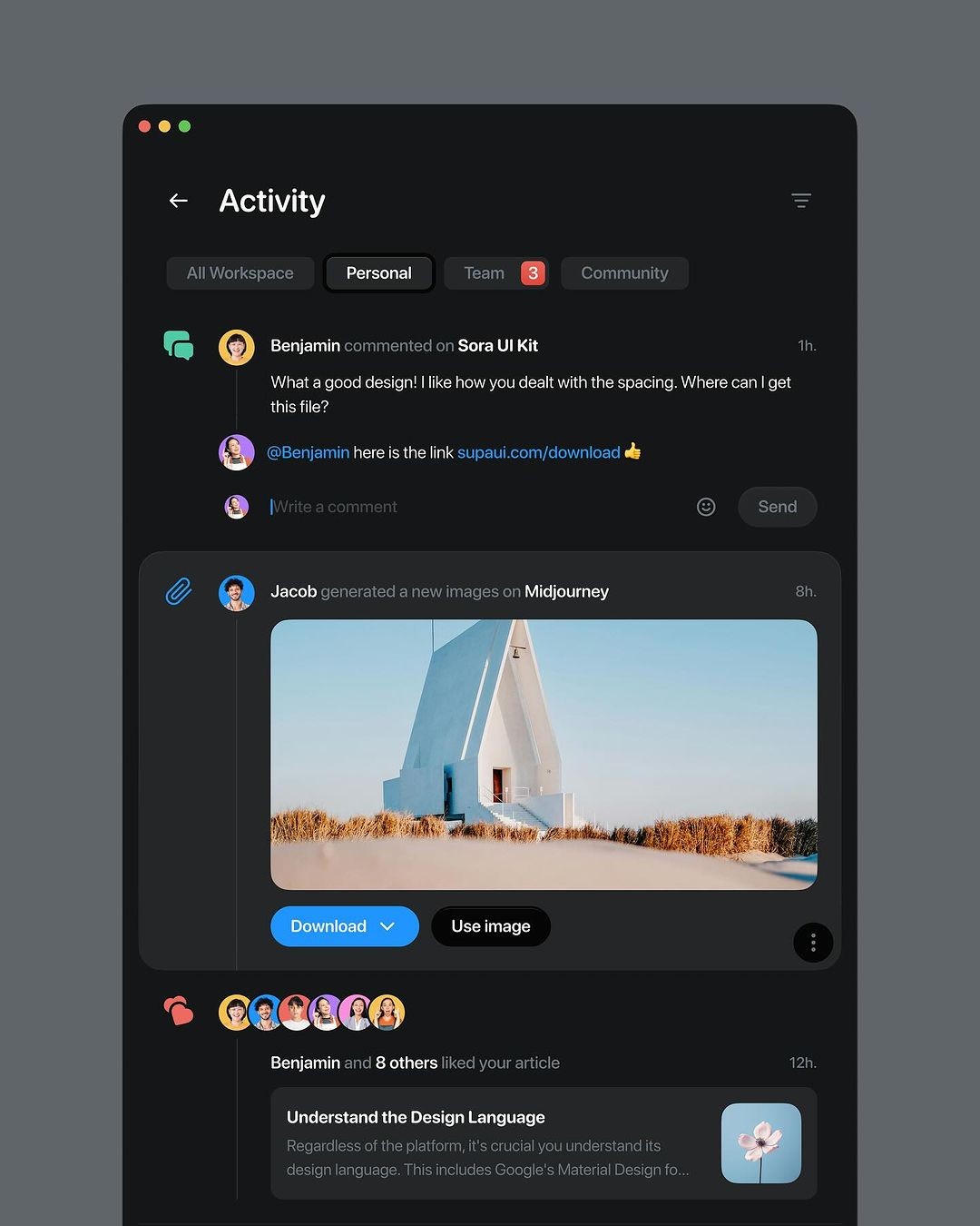 A UI design for an activity feed, featuring a mention of the Sora UI Kit.