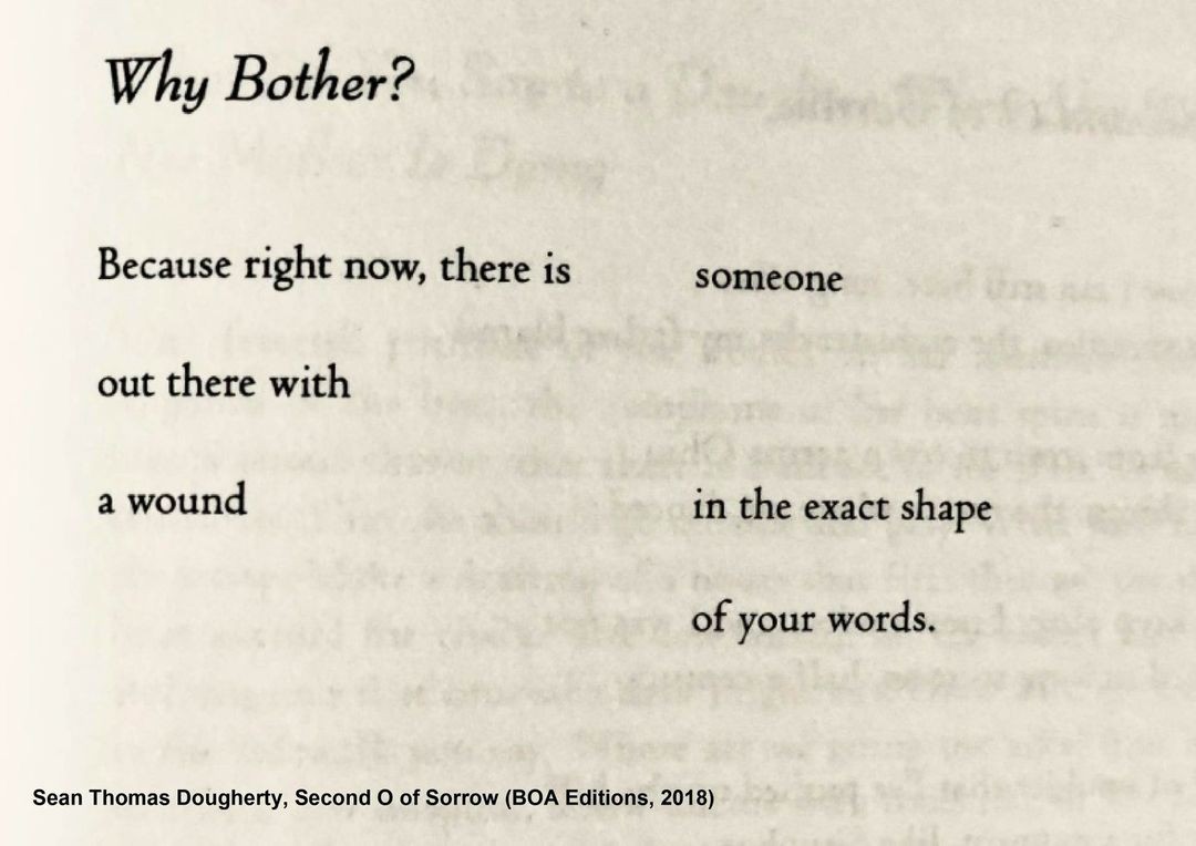 The poem Why Bother? by Sean Thomas Dougherty from his 2018 book, The Second O of Sorrow.