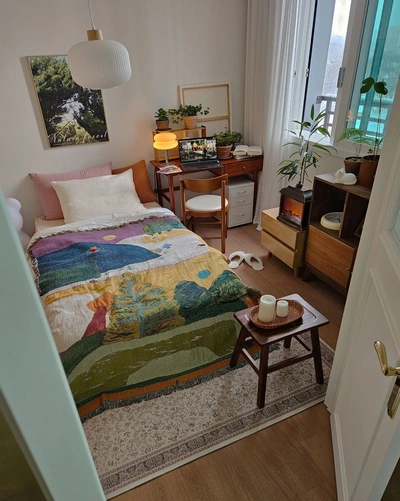 An Instagram  post added on Jan 25, 2024. The author is @daeun.home. May present: bedroom, furniture, property, table, azure.