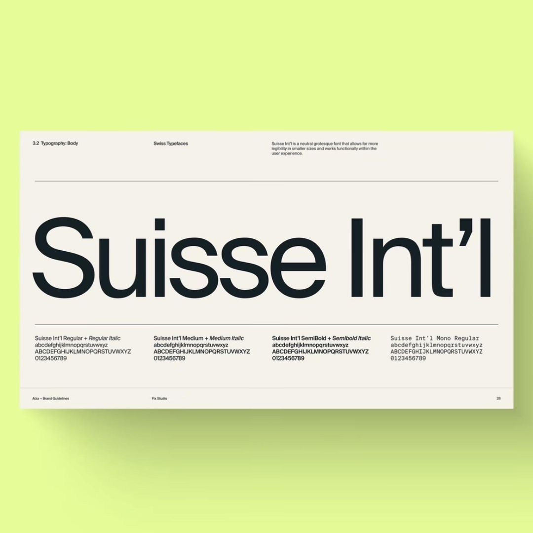 Brand guidelines for Alza by Fix Studio, featuring the Suisse Int'l typeface.