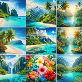 A cover of "Paradise Artworks" cluster. The owner is savedimages. The cluster description is "Beautiful exotic paradise pictures of people and wildlife on beaches.". The cluster consists of 9 elements.