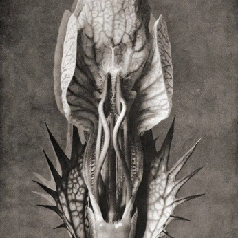 A cover of "Grim Botanicals" cluster. The owner is fleshartistry. The cluster description is "Dark Plants, Dried Plants, Dying Plants, Dark Botanical Illustrations". The cluster consists of 134 elements.