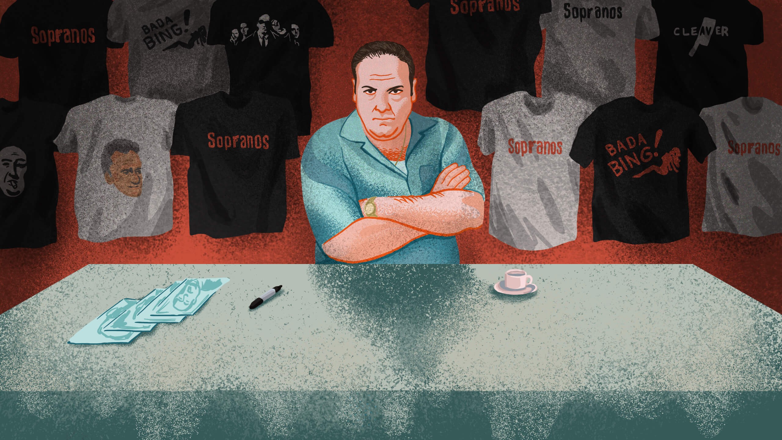 An illustration of Tony Soprano by Michael Weinstein for The Ringer's article on SopranosCon.