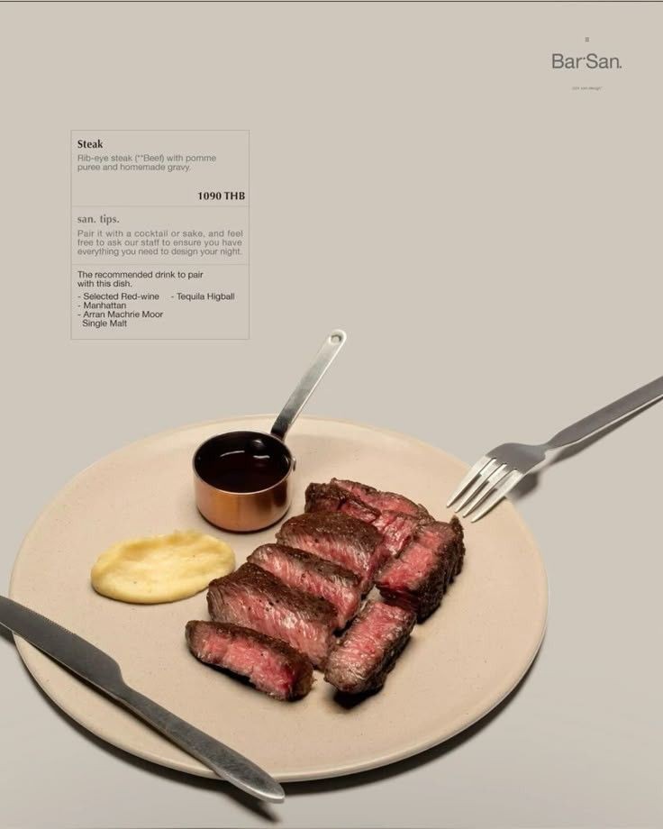 The minimalist menu for Bar San in Chiang Mai, designed by san san design, features a Rib-eye steak.