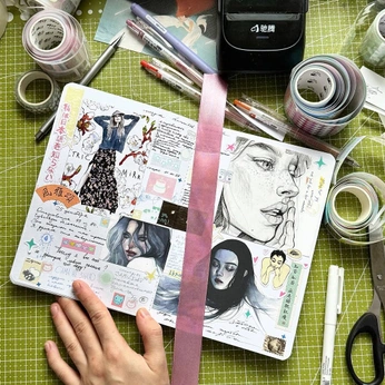 A cover of "ART JOURNALING" cluster. The owner is drewtan. The cluster consists of 14 elements.