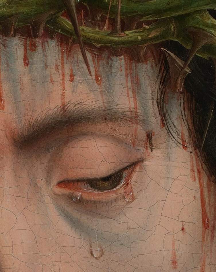 An image added by laurentdelrey on May 10, 2024. May present: christ crowned with thorns detail dieric bouts 1470, christ crowned with thorns, painting, forehead, nose.