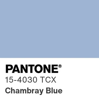 A cover of "Pantone, Chambray Blue" cluster. The owner is sarahlindsay. The cluster description is "PANTONE 15-4030 Chambray Blue / #9EB4D3 - References for Inspiration". The cluster consists of 63 elements.