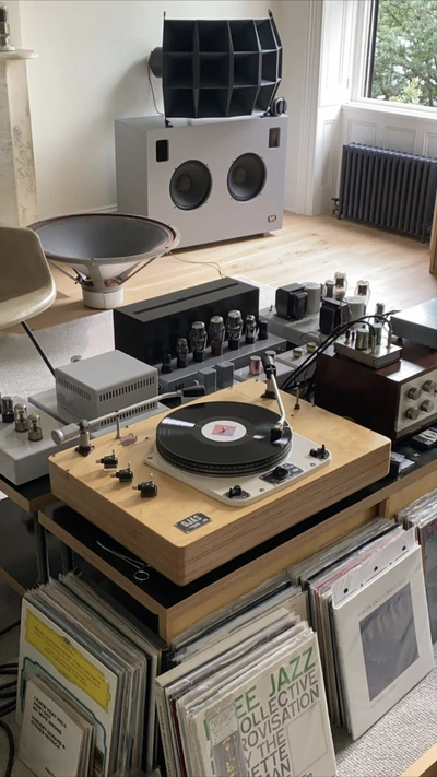 A Pinterest pin added by luciaguila on Sep 15, 2024. The author is Luu Águila. May present: turntable, high fidelity, speaker, phonograph record.