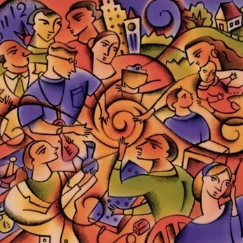 A cover of "☕️ Global Village Brunch" cluster. The owner is shadycohen. The cluster description is "Organic, earthy, woodcut type, urns of dark roast". The cluster consists of 60 elements.