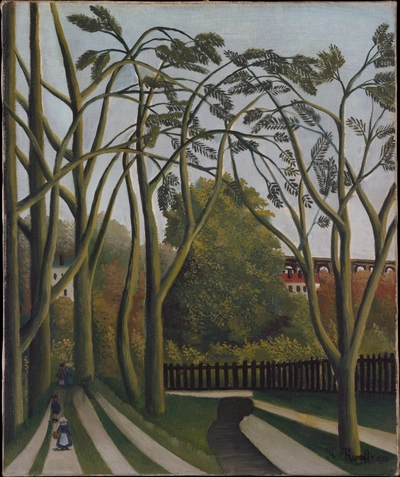An image added by cosmos on Jul 11, 2024. May present: henri rousseau the banks of the bièvre near bicêtre, the banks of the bièvre near bicêtre, the metropolitan museum of art, oil painting, {Forests}.