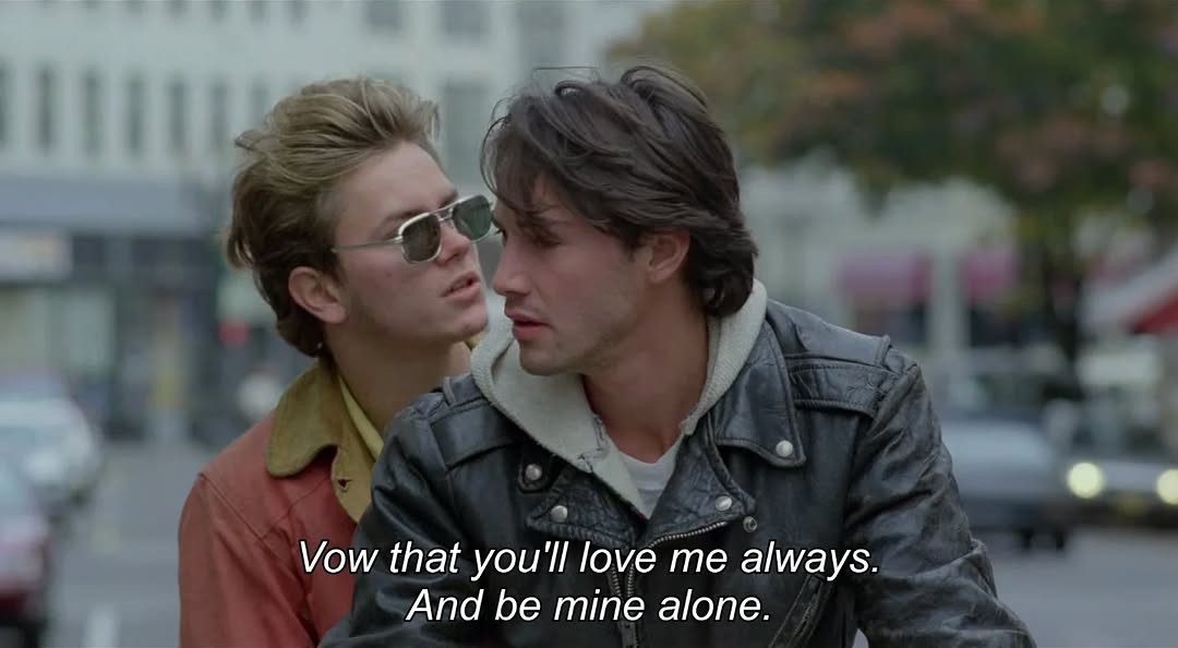A still from Gus Van Sant's 1991 film My Own Private Idaho, featuring River Phoenix and Keanu Reeves.