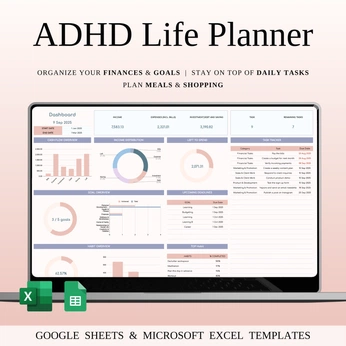 A cover of "ADHD Planner" cluster. The owner is spreadsheetshub. The cluster description is "ADHD-Friendly Daily Planner & Focus Tracker Template". The cluster consists of 1 element.