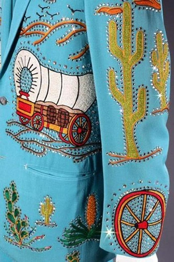 A cover of "🏜️ Rhinestone Cowboy" cluster. The owner is shadycohen. The cluster description is "Turquoise and rubies, garish accessory, country disco, bolo ties". The cluster consists of 45 elements.