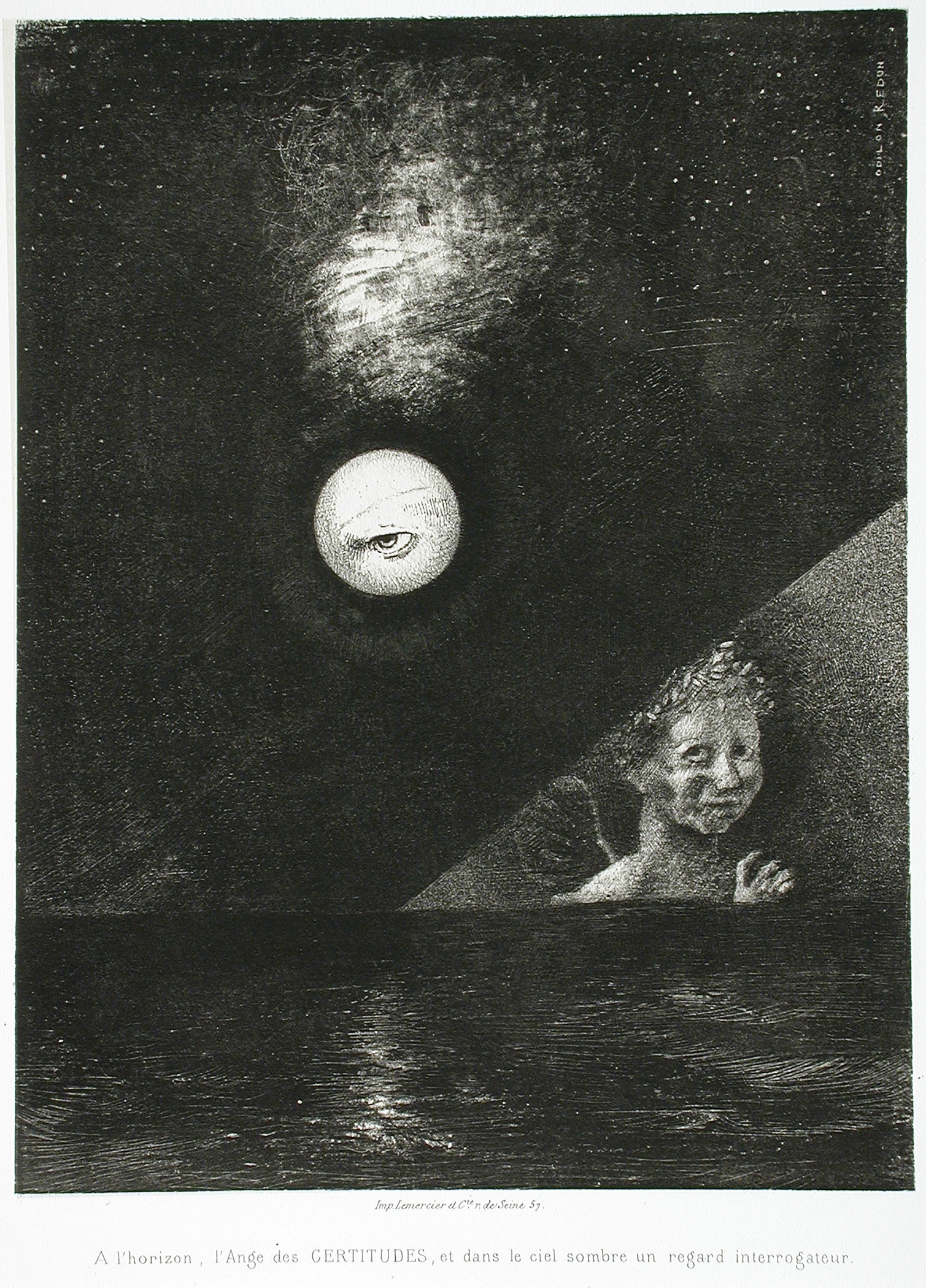 An image added by cosmos on Jul 10, 2024. May present: odilon redon on the horizon, odilon redon, on the horizon, the angel of certitude, and in the dark sky, a questioning glance, los angeles county museum of art, to edgar poe (the eye, like a strange balloon, mounts toward infinity) [à edgar poe (l'oeil, comme un ballon bizarre se dirige vers l'infini)].
